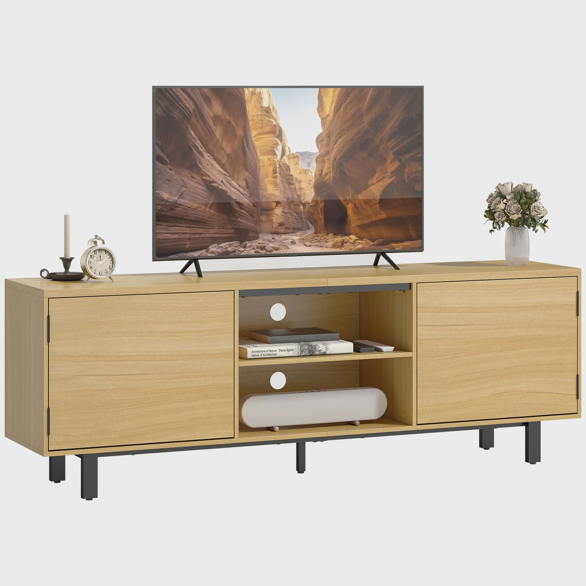 HOMCOM TV Meubel 160cm - Stijlvolle TV-kast met 2 deuren, open vakken & metalen poten - Geschikt voor TV's tot 65 inch - Naturel Hout