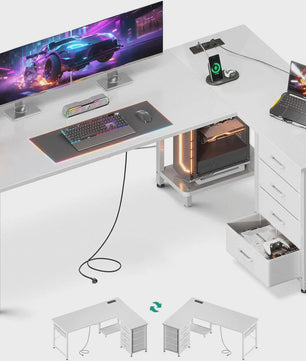 Wit L-vormig Hoekbureau met 4 Lades, Geïntegreerde Socket & USB Oplaadpoort - 155x110 cm
