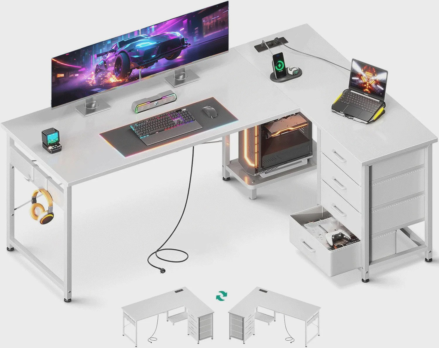 Wit L-vormig Hoekbureau met 4 Lades, Geïntegreerde Socket & USB Oplaadpoort - 155x110 cm