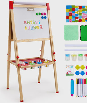 Dubbelzijdig Houten Teken-easel voor Kinderen met Whiteboard & Krijtbord - Inclusief 37 Accessoires
