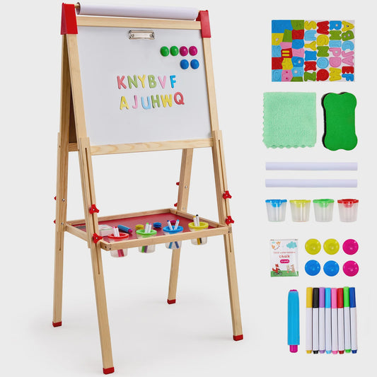 Dubbelzijdig Houten Teken-easel voor Kinderen met Whiteboard & Krijtbord - Inclusief 37 Accessoires
