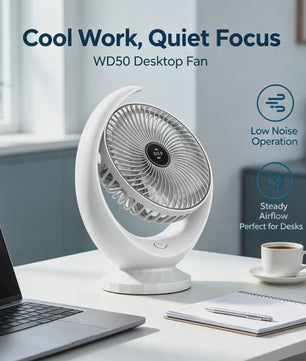 Draagbare USB Bureauventilator WD50 - Stil, Oplaadbaar met 3 Snelheden en 1200mAh Batterij