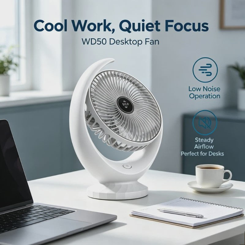 Draagbare USB Bureauventilator WD50 - Stil, Oplaadbaar met 3 Snelheden en 1200mAh Batterij