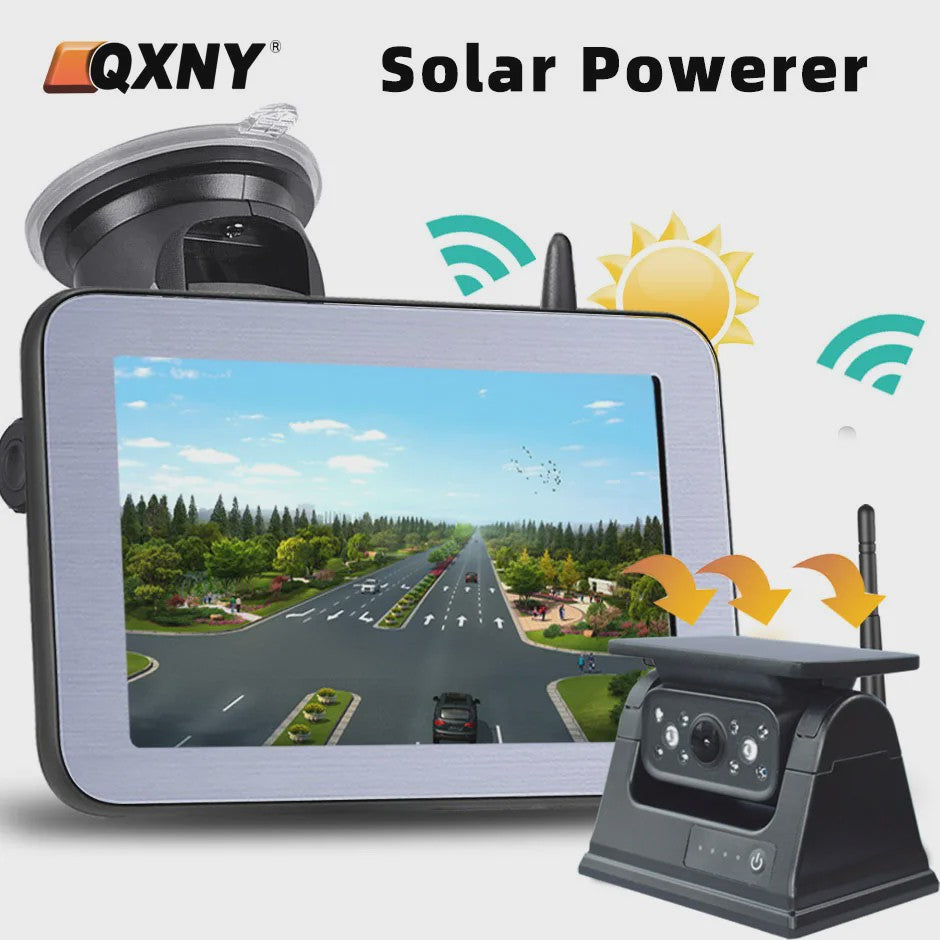 QXNY Wireless Solar Powered Energy Magnet Reverse Backup Camera with AHD 5"  Rear View Monitor for Camper Truck Trailer Rv