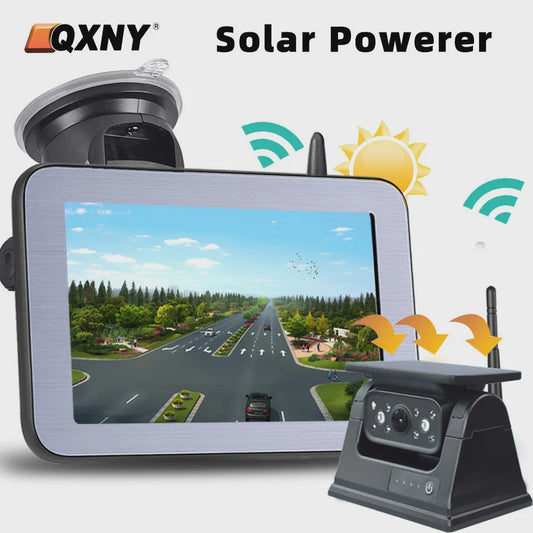 QXNY Wireless Solar Powered Energy Magnet Reverse Backup Camera with AHD 5"  Rear View Monitor for Camper Truck Trailer Rv