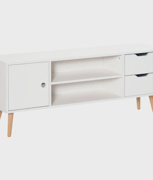 Scandinavisch TV-meubel met Opbergruimte, 2 Nissen en 2 Lades - Wit/Houtkleur