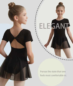 Girls Short Sleeve Ballet Leotard Girls Mesh Dance Leotard with Skirt  Kids Back Bow Knot Dancewear