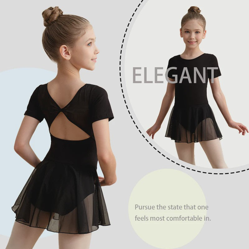 Girls Short Sleeve Ballet Leotard Girls Mesh Dance Leotard with Skirt  Kids Back Bow Knot Dancewear