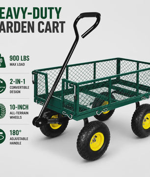 Zware Stalen Tuinwagen 900LBS - 2-in-1 Convertible Transportkar met 10" All-Terrain Wielen & Verstelbare Handgreep