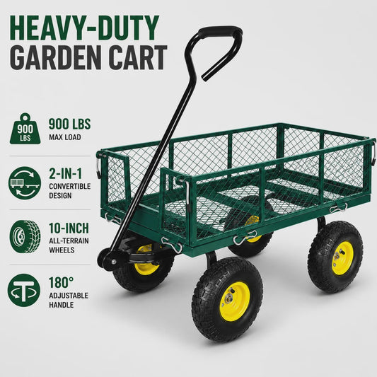 Zware Stalen Tuinwagen 900LBS - 2-in-1 Convertible Transportkar met 10" All-Terrain Wielen & Verstelbare Handgreep