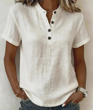 Dames Casual Linnenlook Blouse met Korte Mouwen en Henley Hals - Zomerse Relaxed Fit Top