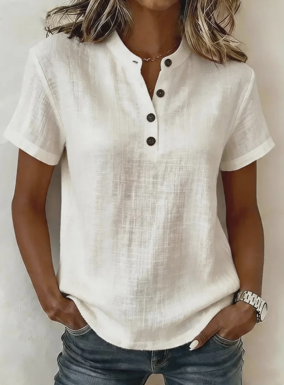 Dames Casual Linnenlook Blouse met Korte Mouwen en Henley Hals - Zomerse Relaxed Fit Top