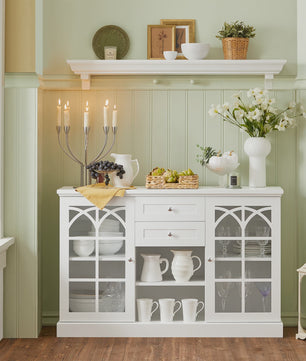 Wit Sideboard met 2 Glazen Deuren en 2 Lades - Stijlvolle Buffetkast voor Woonkamer of Hal