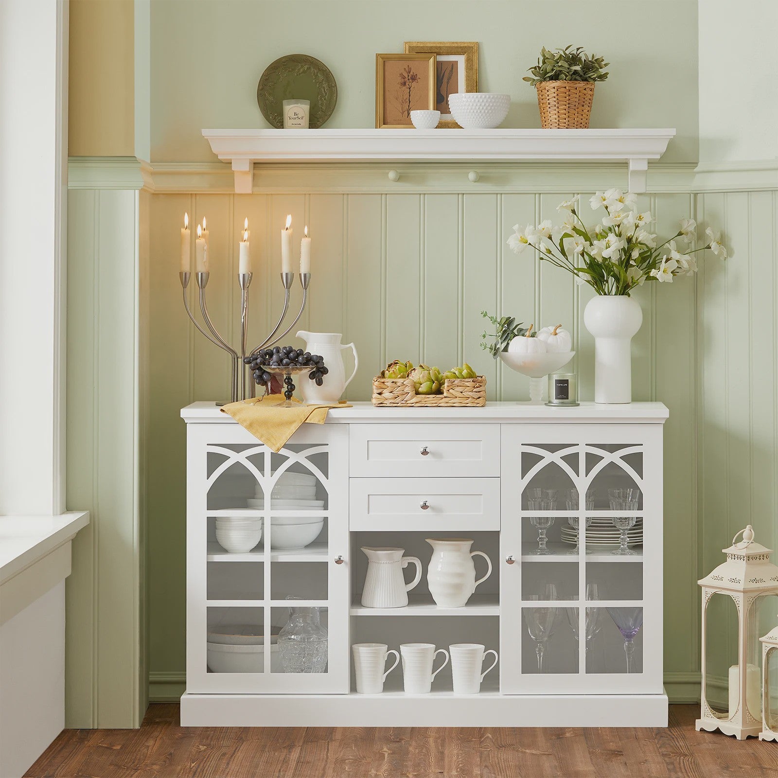 Wit Sideboard met 2 Glazen Deuren en 2 Lades - Stijlvolle Buffetkast voor Woonkamer of Hal