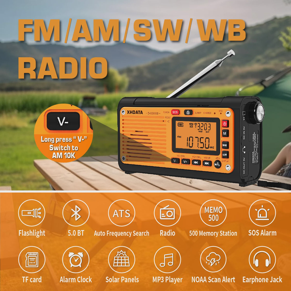 Noodweer Radio XHDATA D-608WB - Crank, NOAA Alert, Bluetooth & Powerbank