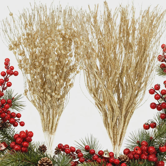 8x Glitter Bessen Takken - Kerstdecoratie & Feestaccessoires