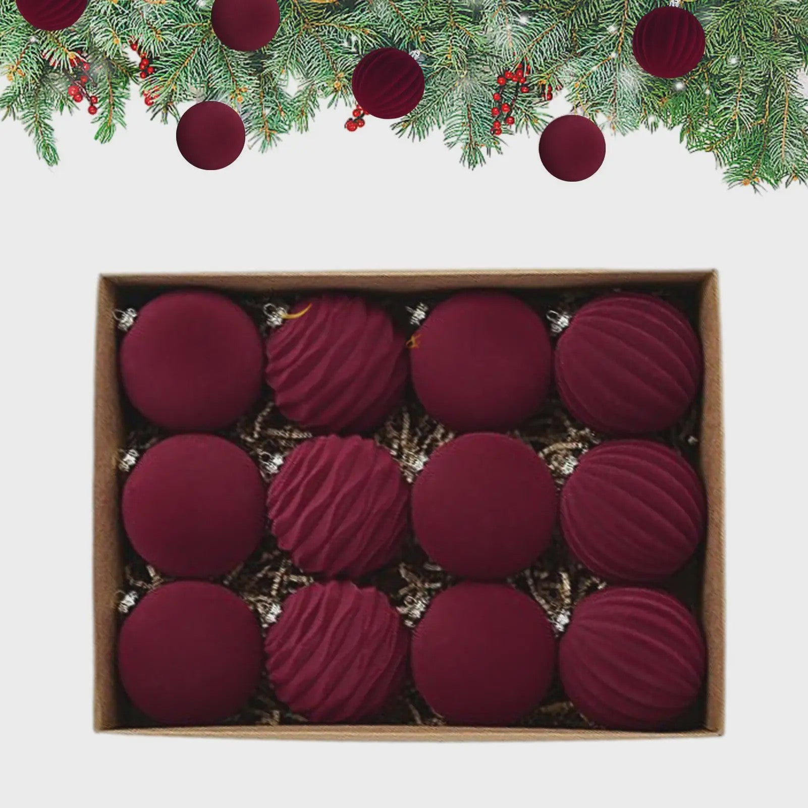 Set van 12 Luxe Fluweel Kerstballen - Fluwelen Kerstboom Decoratie