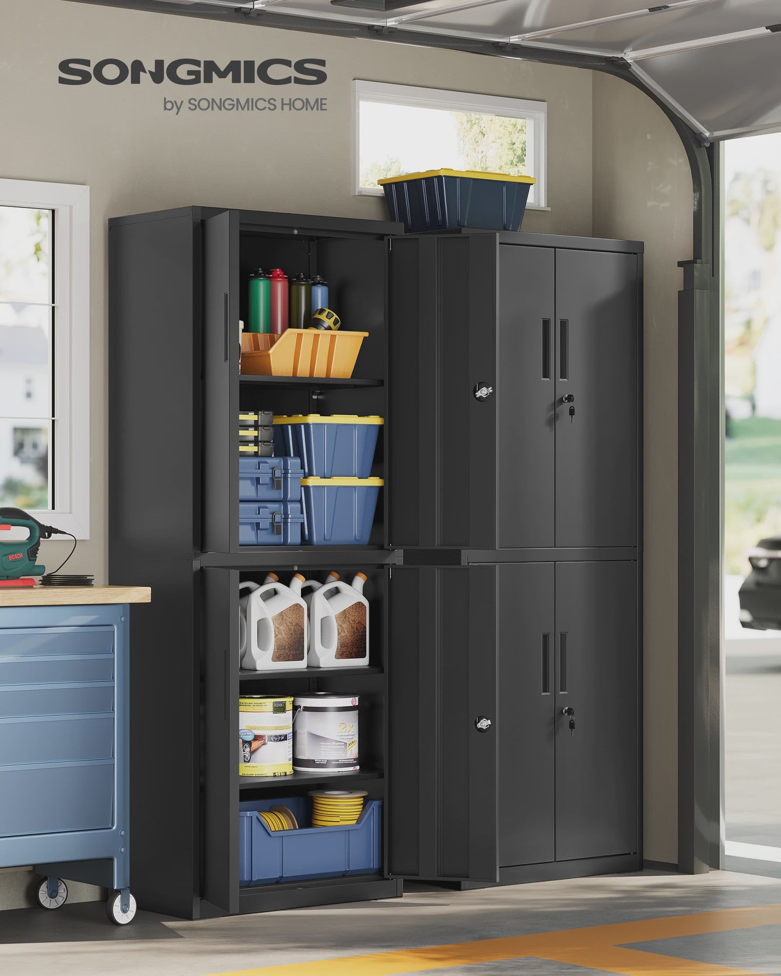 SONGMICS Metalen Archiefkast / Opbergkast - Zwart, 40x60x180 cm, 4 Deuren, 2 Slotjes