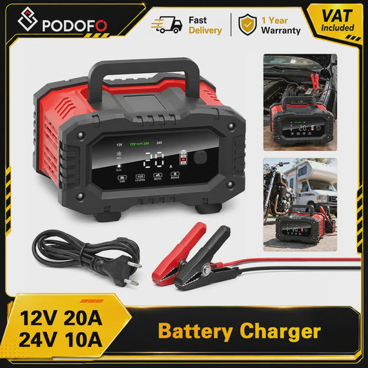 Universele 12V/24V Slimme Batterijlader met 7-Traps Oplaadcyclus & Reparatie Modus