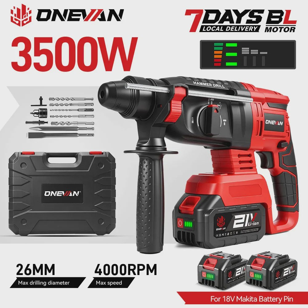 ONEVAN 3500W Brushless Accu Klopboormachine - Krachtige Slagboormachine, Snoerloos & Draagbaar