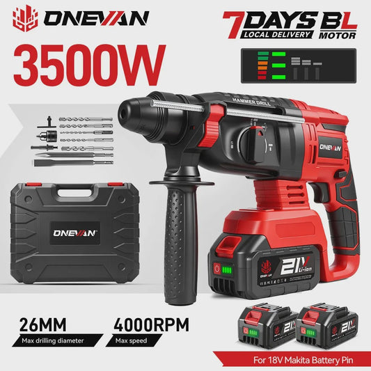 ONEVAN 3500W Brushless Accu Klopboormachine - Krachtige Slagboormachine, Snoerloos & Draagbaar