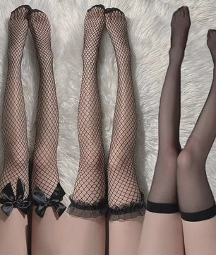 Sweet Over Knee Long Socks Women Girls Lolita Bowknot Thigh High Stockings Punk Lace Mesh Legging Hollow Fishnet Pantyhose