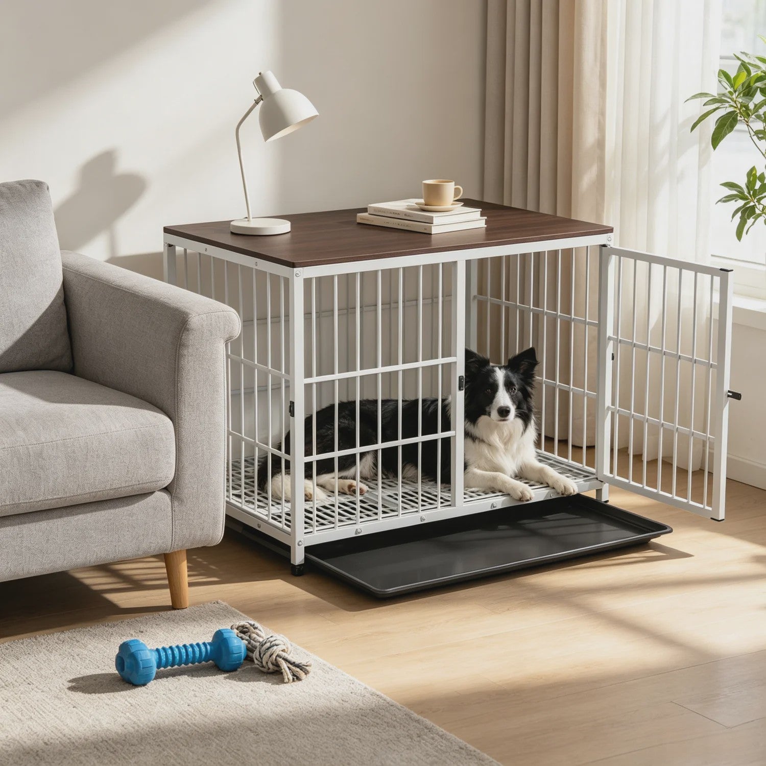 Stijlvolle Hondenbench Meubel - Houten Tafeltje met Metalen Frame en 3 Deuren