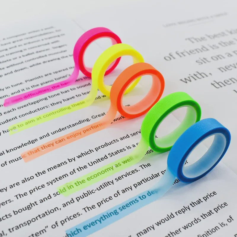 5 Rollen Transparante Fluorescerende Markeringstape - 5 Kleuren