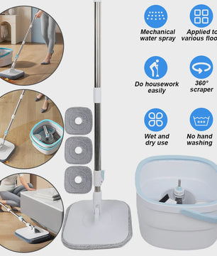 360° Dweil Set met Wring Systeem en Microvezel Pads - Verstelbare Steel