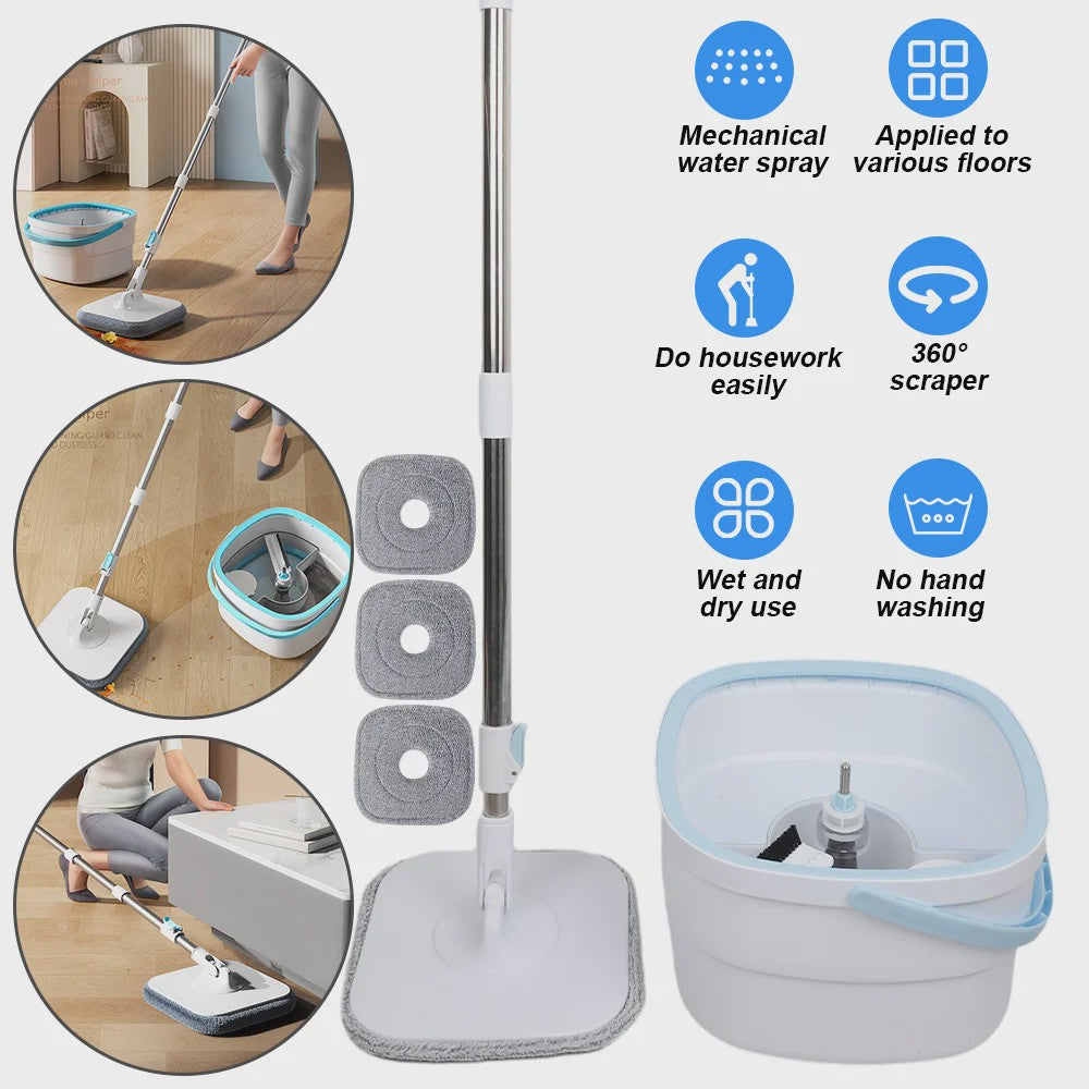 360° Dweil Set met Wring Systeem en Microvezel Pads - Verstelbare Steel