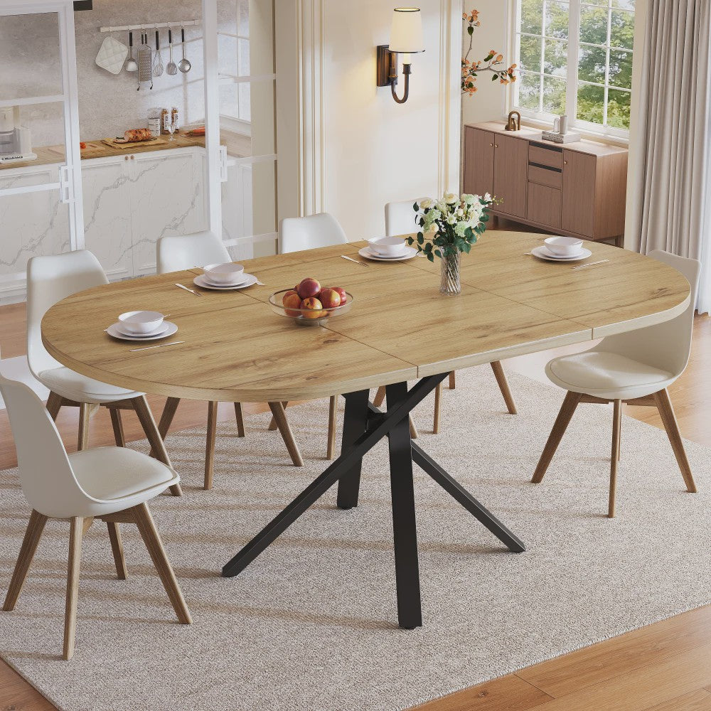 Uitschuifbare Ronde Eettafel met Marmerlook - 100-140cm - X-vormig Metaalframe