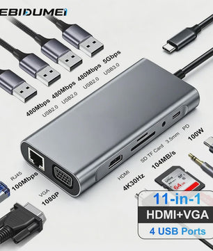 11-in-1 USB-C Hub Docking Station met HDMI, VGA, RJ45 & 100W PD Opladen