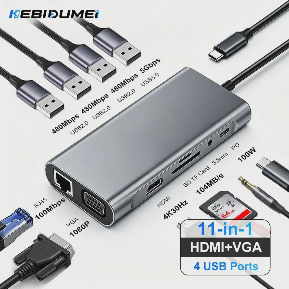 11-in-1 USB-C Hub Docking Station met HDMI, VGA, RJ45 & 100W PD Opladen