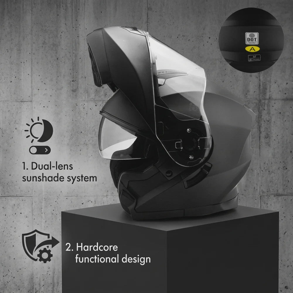 Modulaire Motorhelm Mat Zwart - Dubbele Lens, DOT Gecertificeerd, Unisex