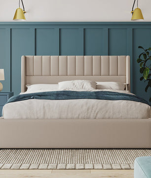 Hydraulisch Boxspringbed 180x200cm Beige Gestoffeerd met Houten Lattenbodem en Opbergruimte
