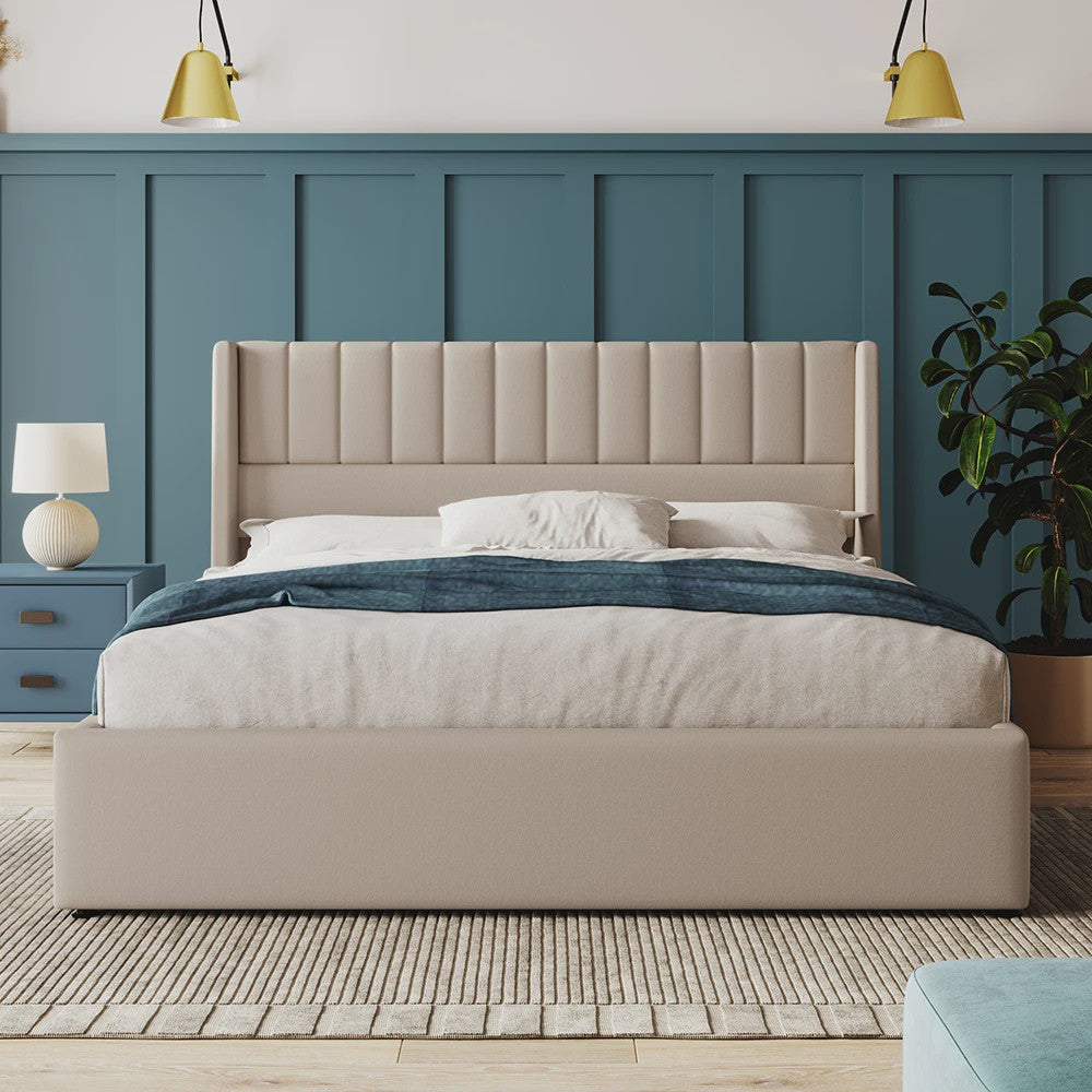 Hydraulisch Boxspringbed 180x200cm Beige Gestoffeerd met Houten Lattenbodem en Opbergruimte