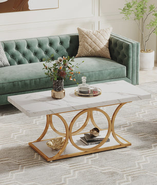 Moderne Rechthoekige Salontafel met 2 etages en Marmerlook & Gouden Frame