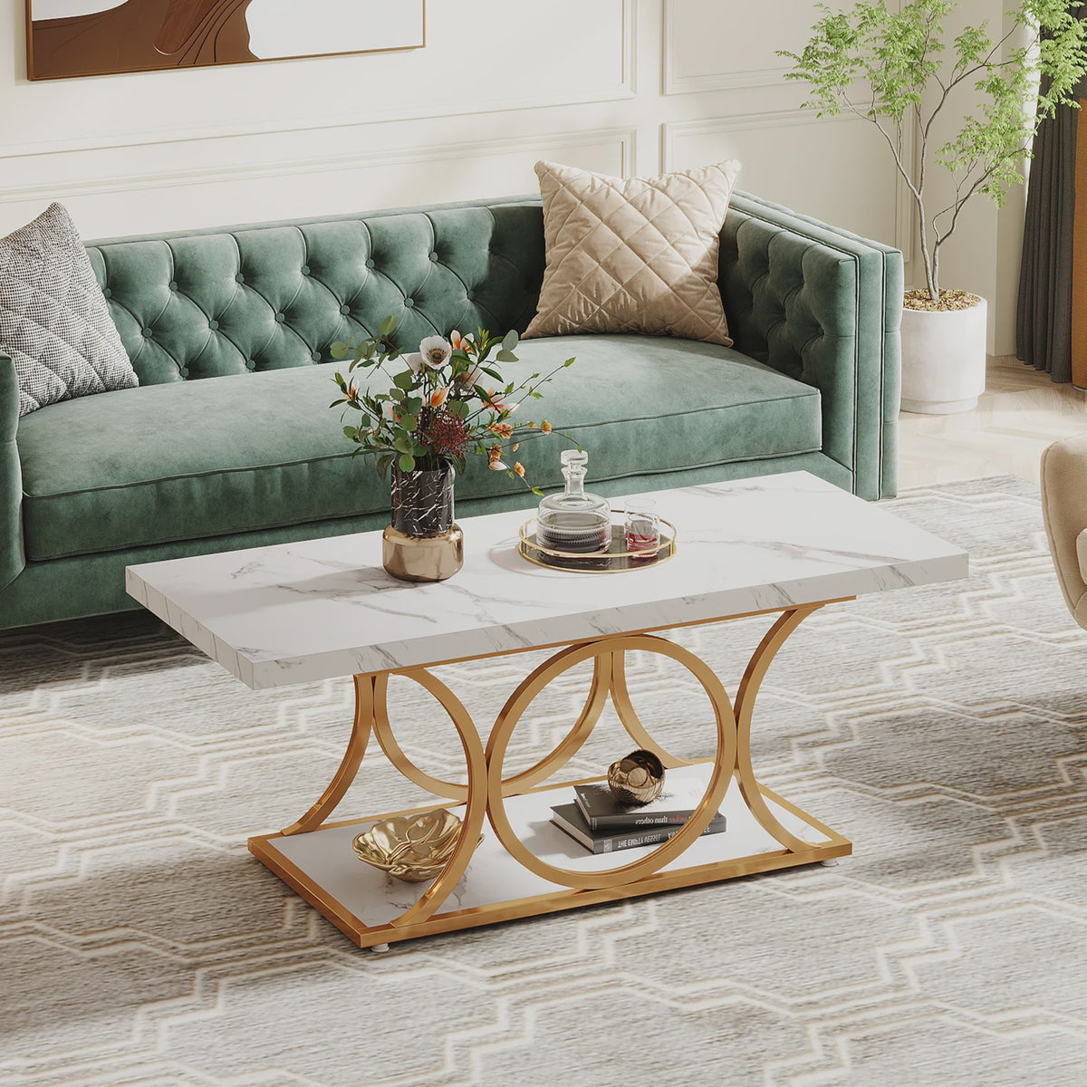 Moderne Rechthoekige Salontafel met 2 etages en Marmerlook & Gouden Frame