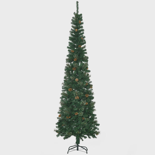 HOMCOM Kunstkerstboom 225 cm Groen Potloodmodel met Dennenkegels