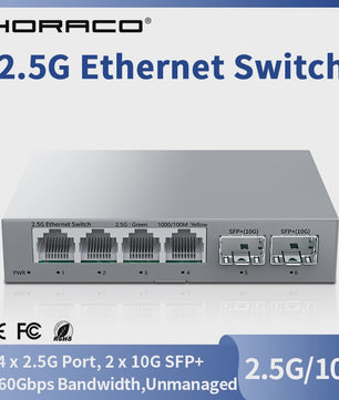 HORACO 2.5Gbps Netwerk Switch met 4x 2.5G RJ45 Poorten en 2x 10G SFP+ Poorten - Fanless, Unmanaged, Plug & Play