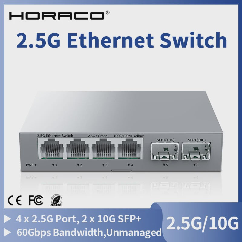 HORACO 2.5Gbps Netwerk Switch met 4x 2.5G RJ45 Poorten en 2x 10G SFP+ Poorten - Fanless, Unmanaged, Plug & Play