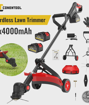 Krachtige Accu Grastrimmer 21V - 2000W Snoerloze Bosmaaier met 2x 4000mAh Accu's & Wielondersteuning