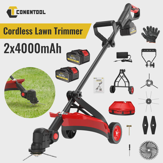 Krachtige Accu Grastrimmer 21V - 2000W Snoerloze Bosmaaier met 2x 4000mAh Accu's & Wielondersteuning