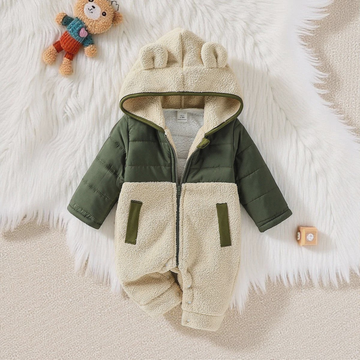Schattige Baby Romper met Berenoren - Winter Fleece Jumpsuit voor Jongens & Meisjes (0-24M)