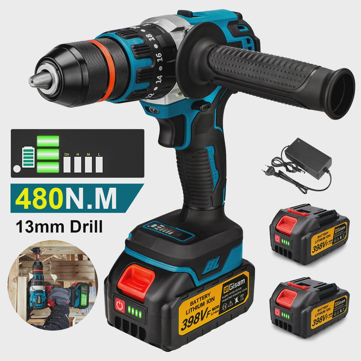 Krachtige Koolborstelloze Accu Klopboor/Schroefmachine 480Nm, 13mm, voor Makita 18V Accu