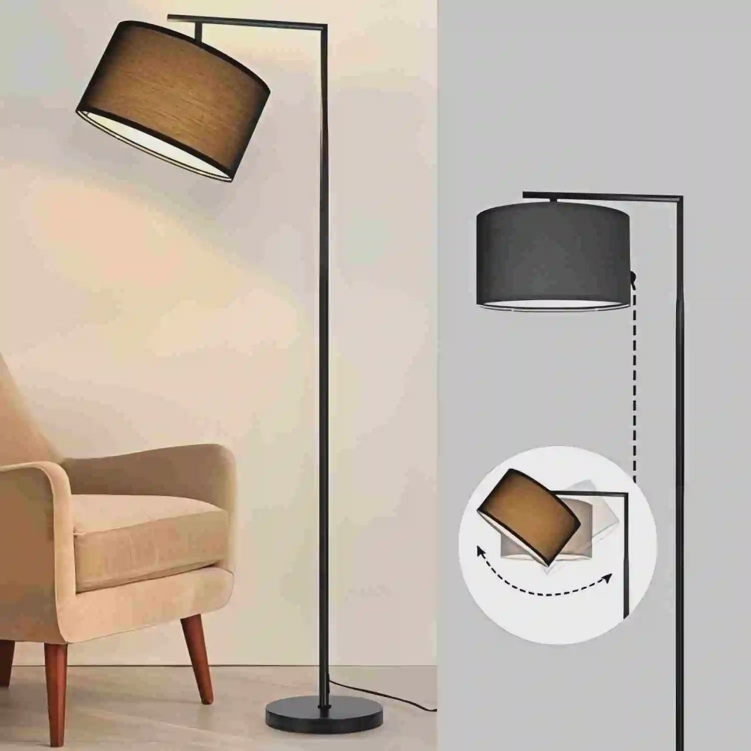 Moderne Zwarte Boog Vloerlamp met Stoffen Kap - E27 Fitting & Voetschakelaar