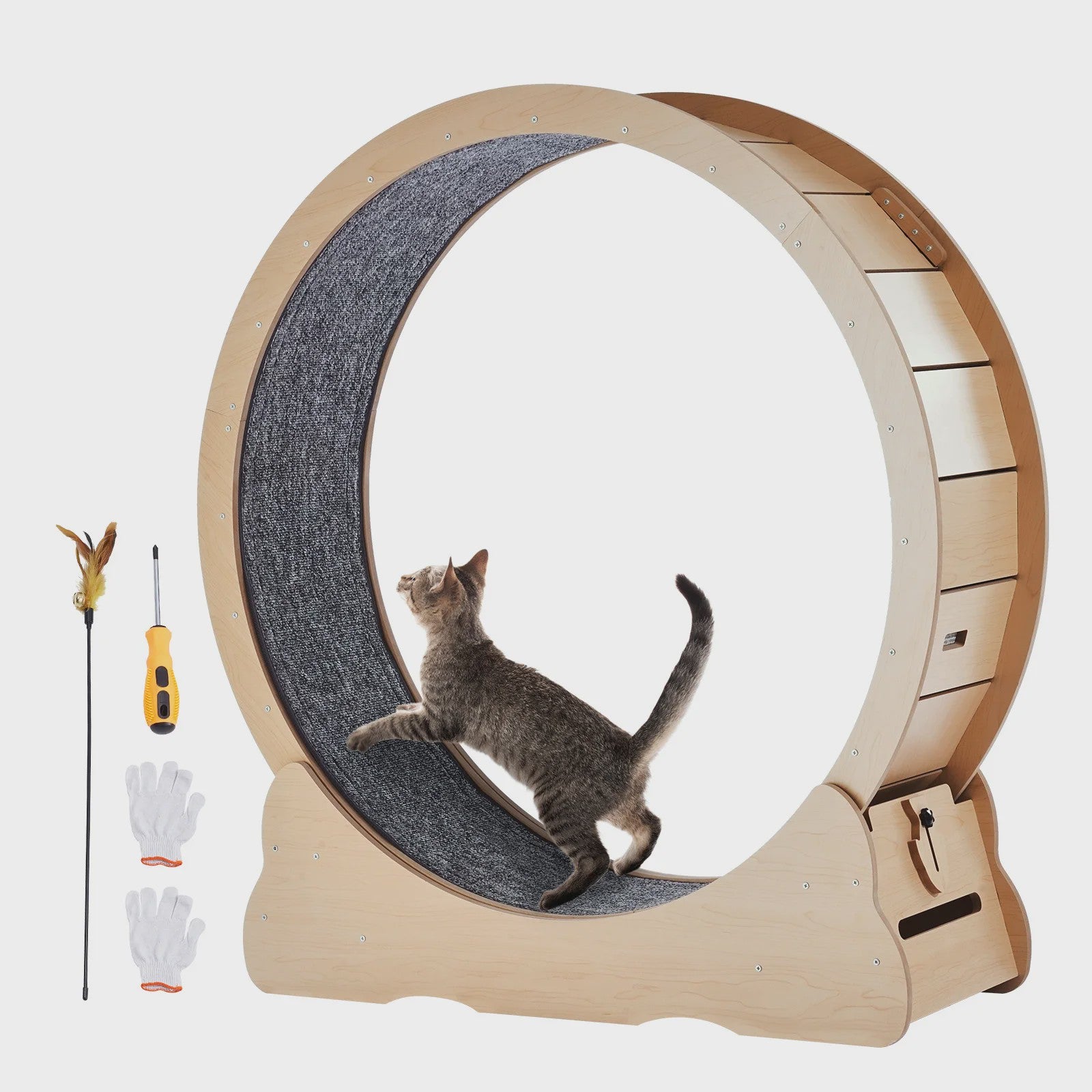 Houten Katten Loopwiel XL - Grote Kattenmolen voor Binnen met Afneembaar Tapijt & Kattenhengel