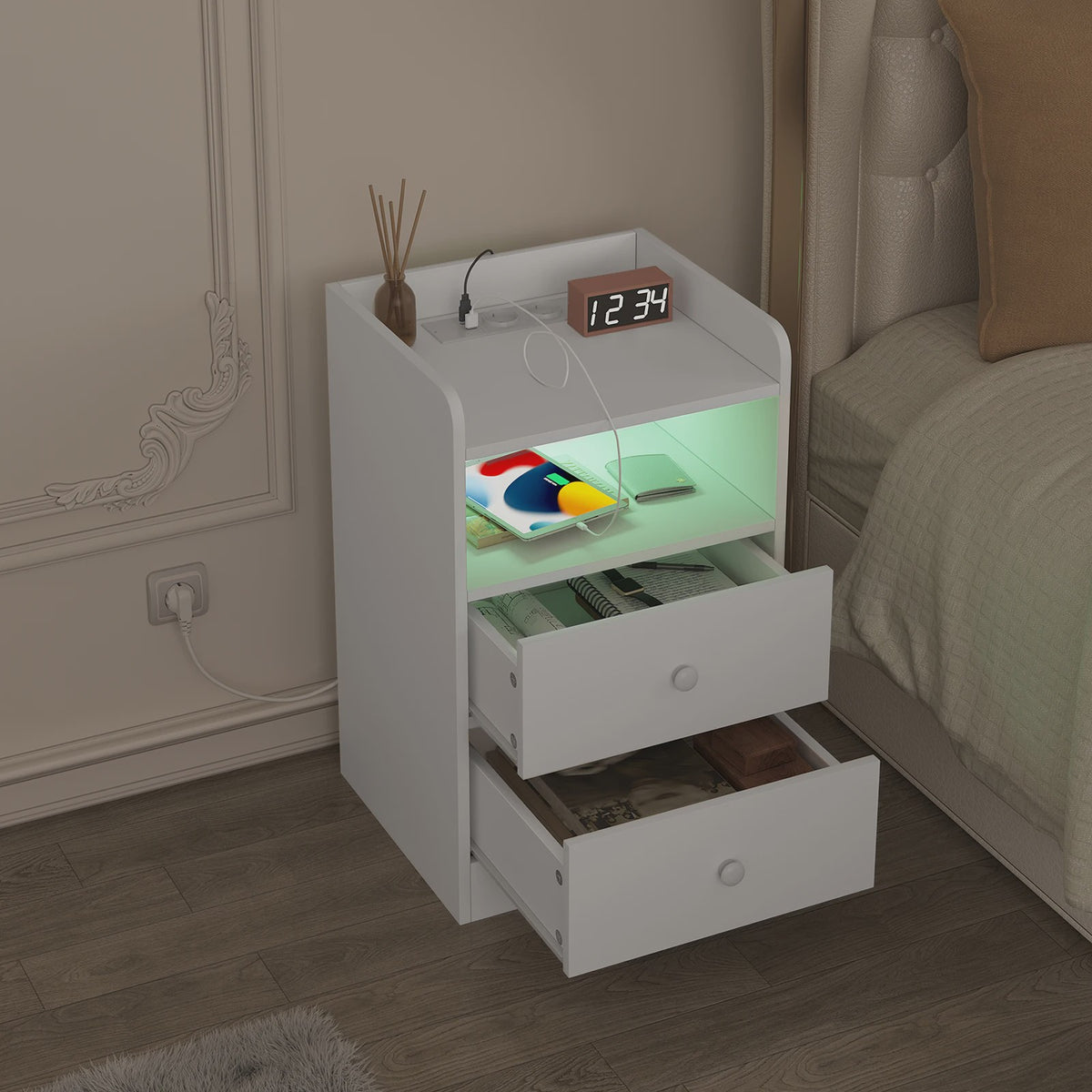 Nachtkastje met Laadstation, USB Poorten en LED Verlichting - Modern Slaapkamer Meubel