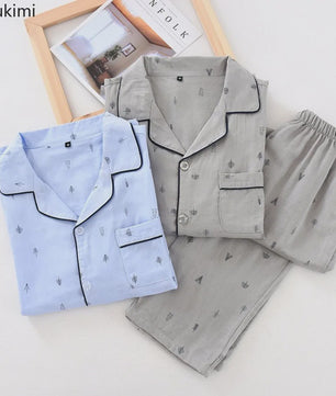 Heren Pyjama Set van 100% Katoen Gauze - Korte Mouw & Print - Comfortabele Homewear voor Zomer