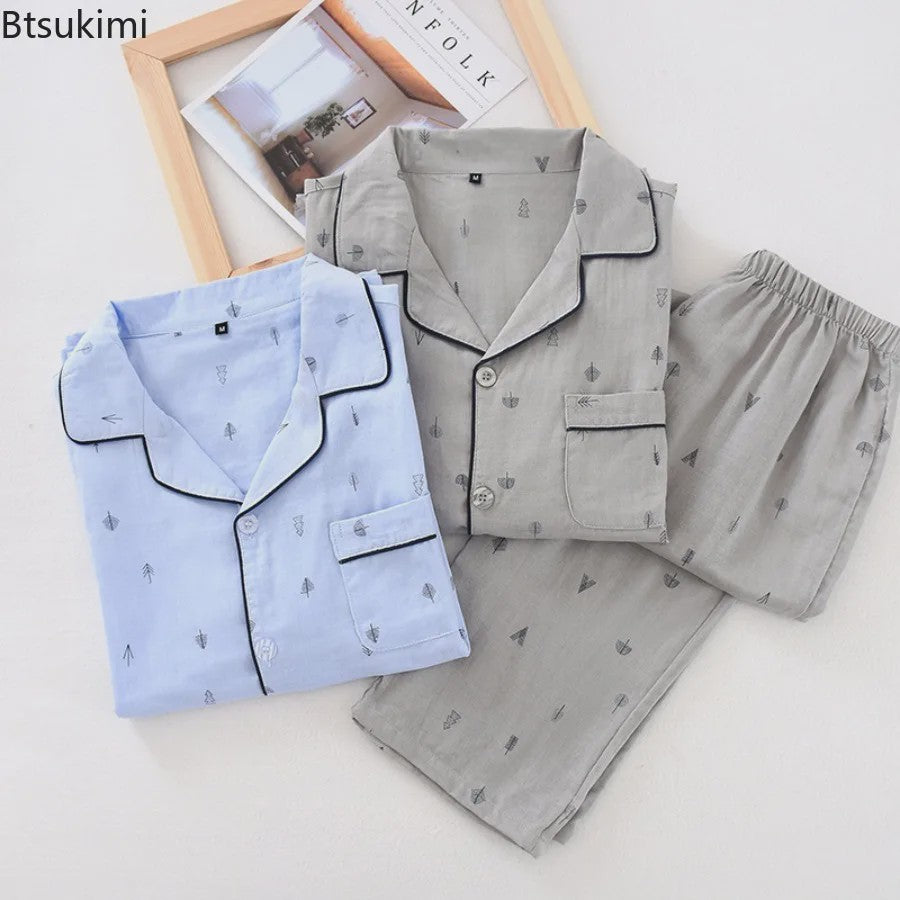 Heren Pyjama Set van 100% Katoen Gauze - Korte Mouw & Print - Comfortabele Homewear voor Zomer